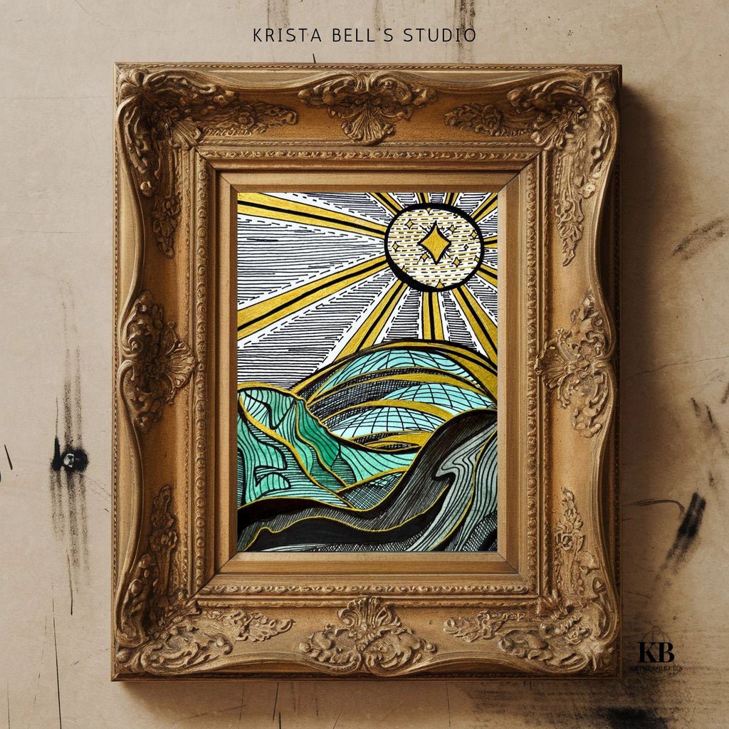 Decorative artwork with a graphic landscape and golden rays, in a gold frame, featuring the text 'Krista Bell's Studio' and 'KB'.