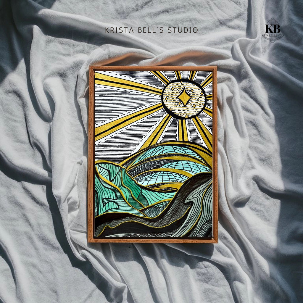Artistic depiction of a sun over mountains with 'Krista Bell's Studio' branding.