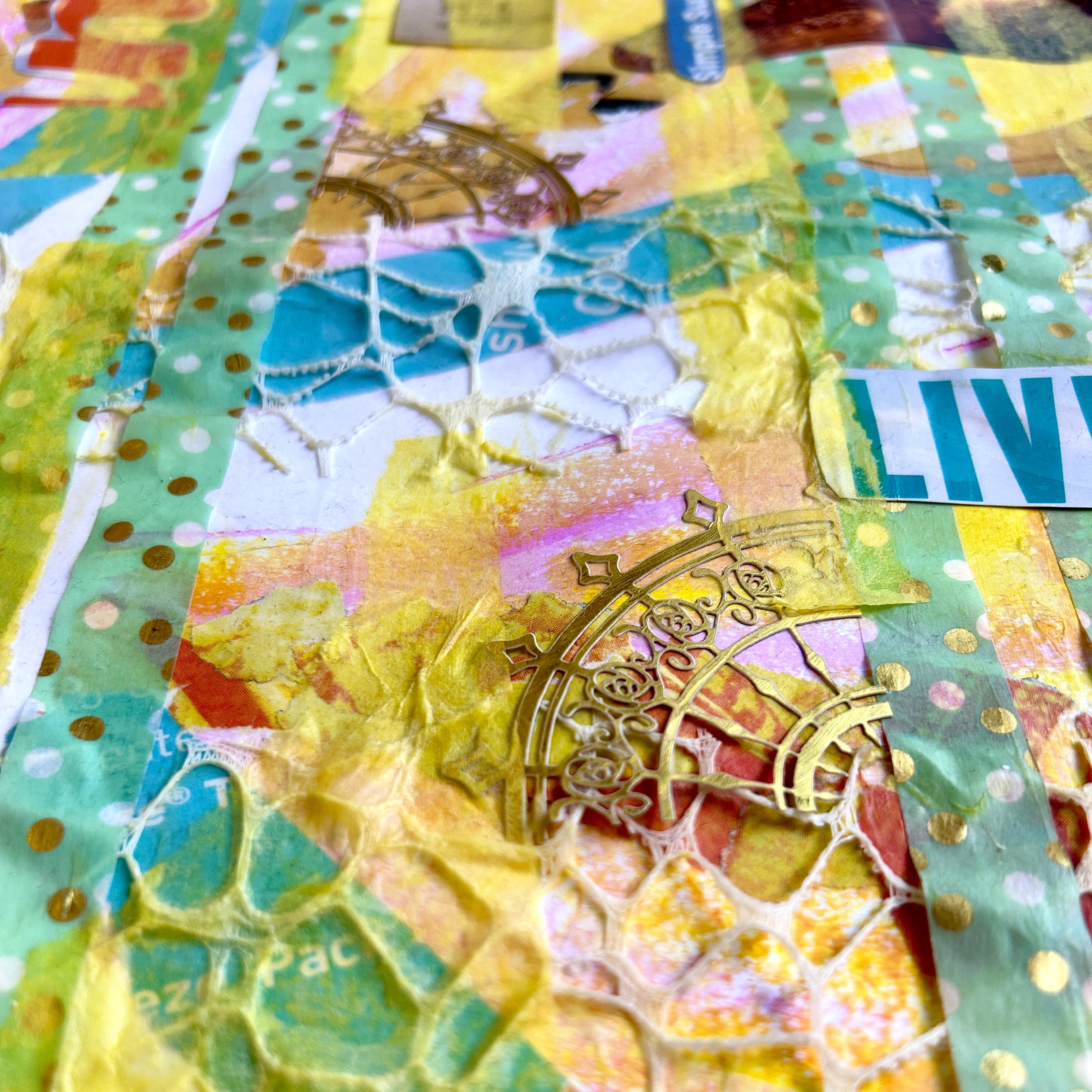 Colorful textured surface with artistic design and text. A yellow and teal mixed media collage reflecting on the joy found in life when you thoughts, actions, and emotions align with your values. 