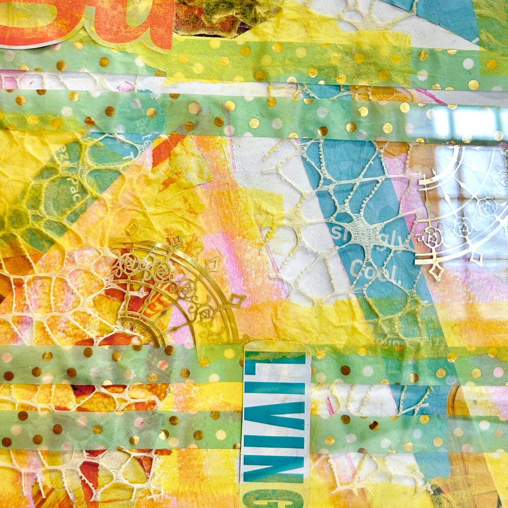 Colorful textured fabric with patterns and text. A yellow and teal mixed media collage reflecting on the joy found in life when you thoughts, actions, and emotions align with your values. 
