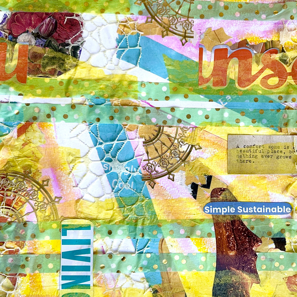 Colorful collage with patterns, text, and decorative elements on a textured background. A yellow and teal mixed media collage reflecting on the joy found in life when you thoughts, actions, and emotions align with your values. 
