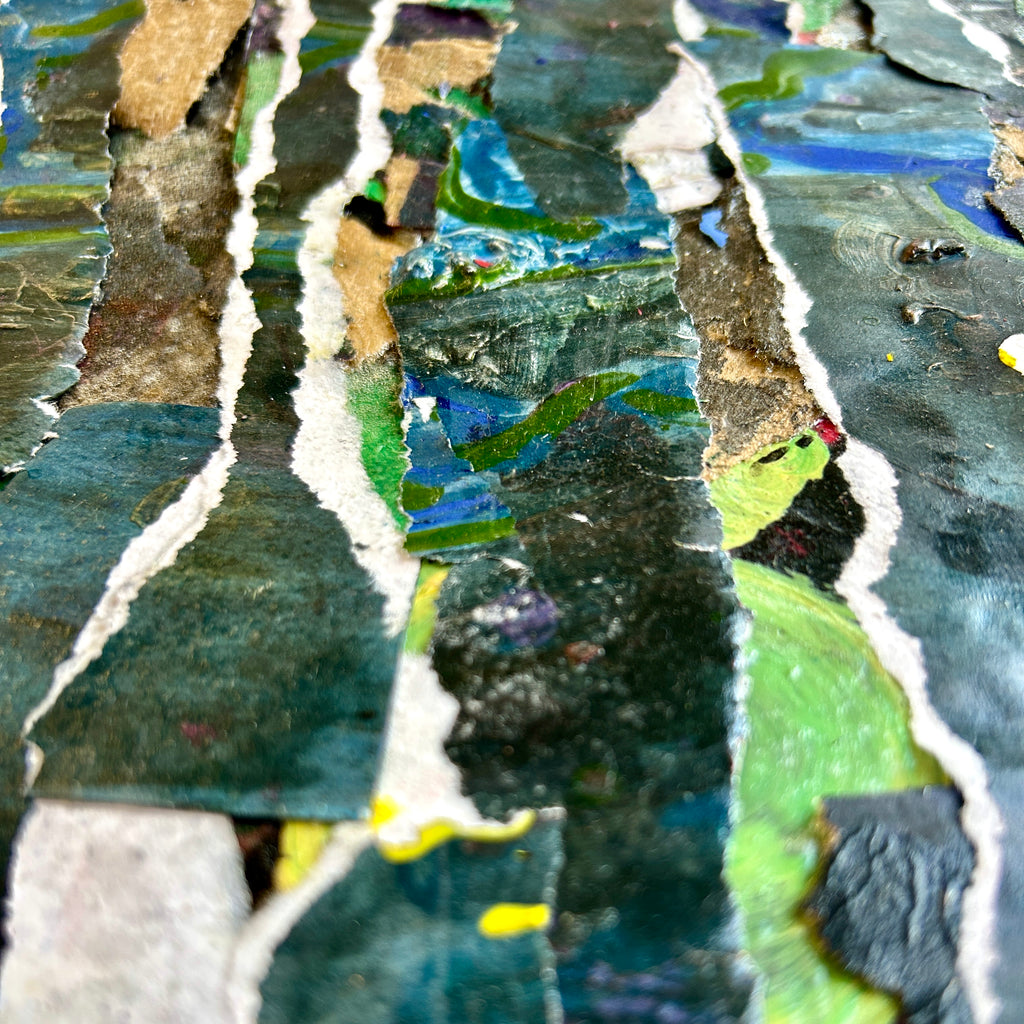 Collage of torn paper with abstract shapes and colors. Representing growth and stability forged in tough times.