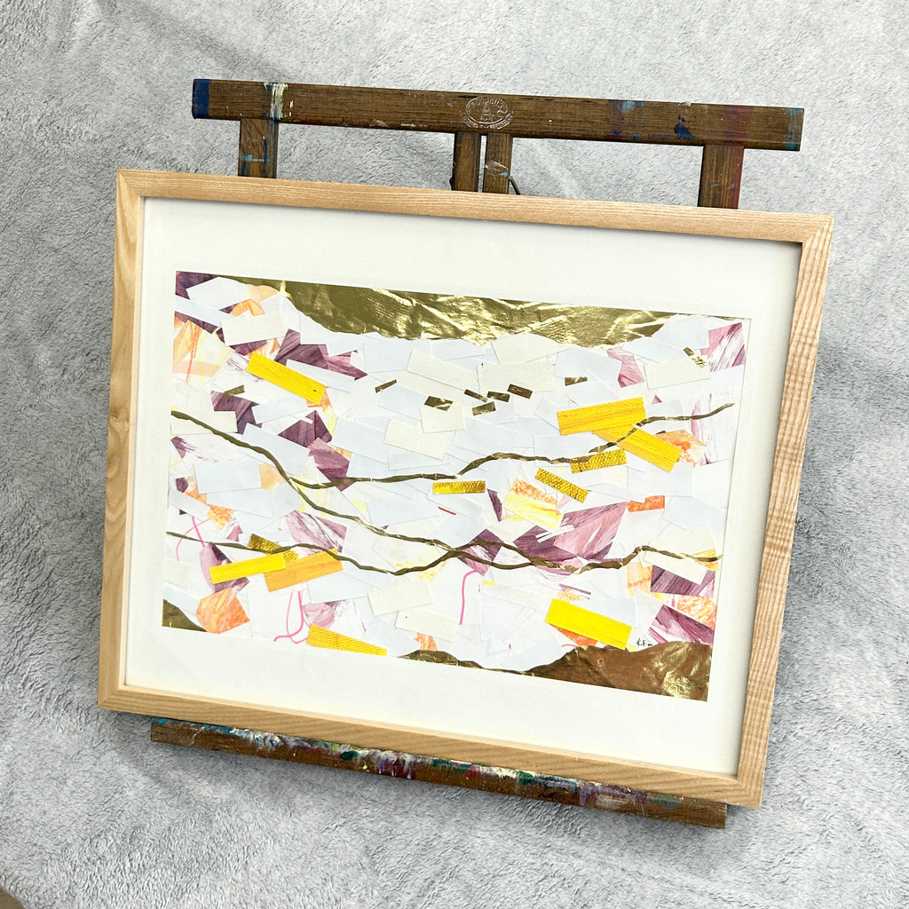 Framed abstract artwork with colorful patterns on a gray surface.  A calm abstract collage with meandering golden lines. Listen to the gentle guiding of the Lord. His calling is the gold line running through our lives.