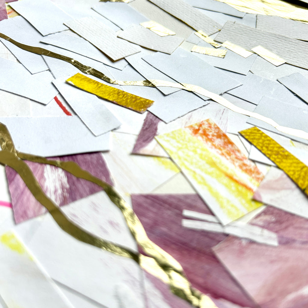 Collage of various paper strips with gold, white, and purple tones.  A calm abstract collage with meandering golden lines. Listen to the gentle guiding of the Lord. His calling is the gold line running through our lives.