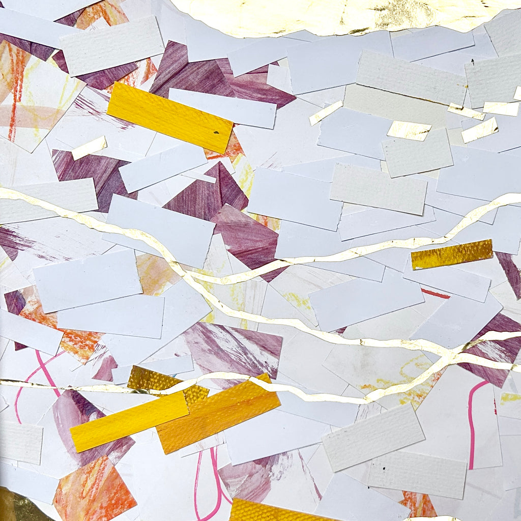 Close up of collaged cut-out paper shapes with gold accents on a white background.  A calm abstract collage with meandering golden lines. Listen to the gentle guiding of the Lord. His calling is the gold line running through our lives.