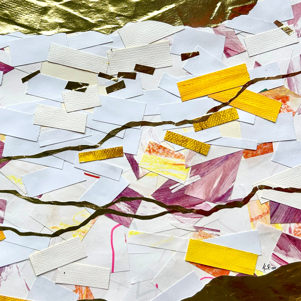 A close up of collaged cut-out paper shapes with gold and purple accents on a textured surface.  A calm abstract collage with meandering golden lines. Listen to the gentle guiding of the Lord. His calling is the gold line running through our lives.
