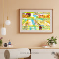 Colorful abstract artwork in a wooden frame on a beige wall with decorative elements below. A yellow and teal artwork reflecting on the joy found in life when you thoughts, actions, and emotions align with your values. 