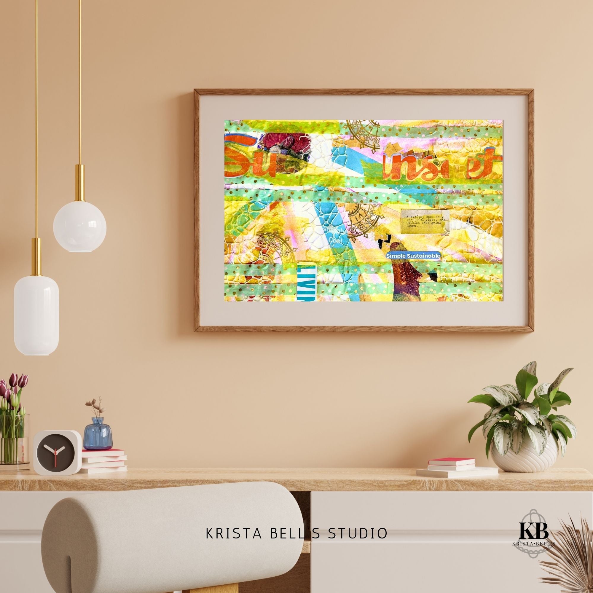 Colorful abstract artwork in a wooden frame on a beige wall with decorative elements below. A yellow and teal artwork reflecting on the joy found in life when you thoughts, actions, and emotions align with your values. 