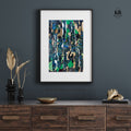 Framed abstract art on a dark wall above a wooden console table with decorative items. Representing growth and stability forged in tough times.