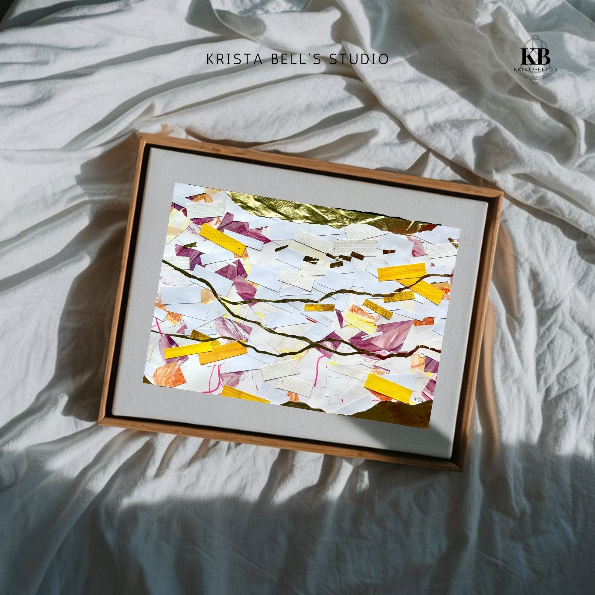 Framed abstract art piece on a textured white surface with 'Krista Bell's Studio' branding. A calm abstract collage with meandering golden lines. Listen to the gentle guiding of the Lord. His calling is the gold line running through our lives.