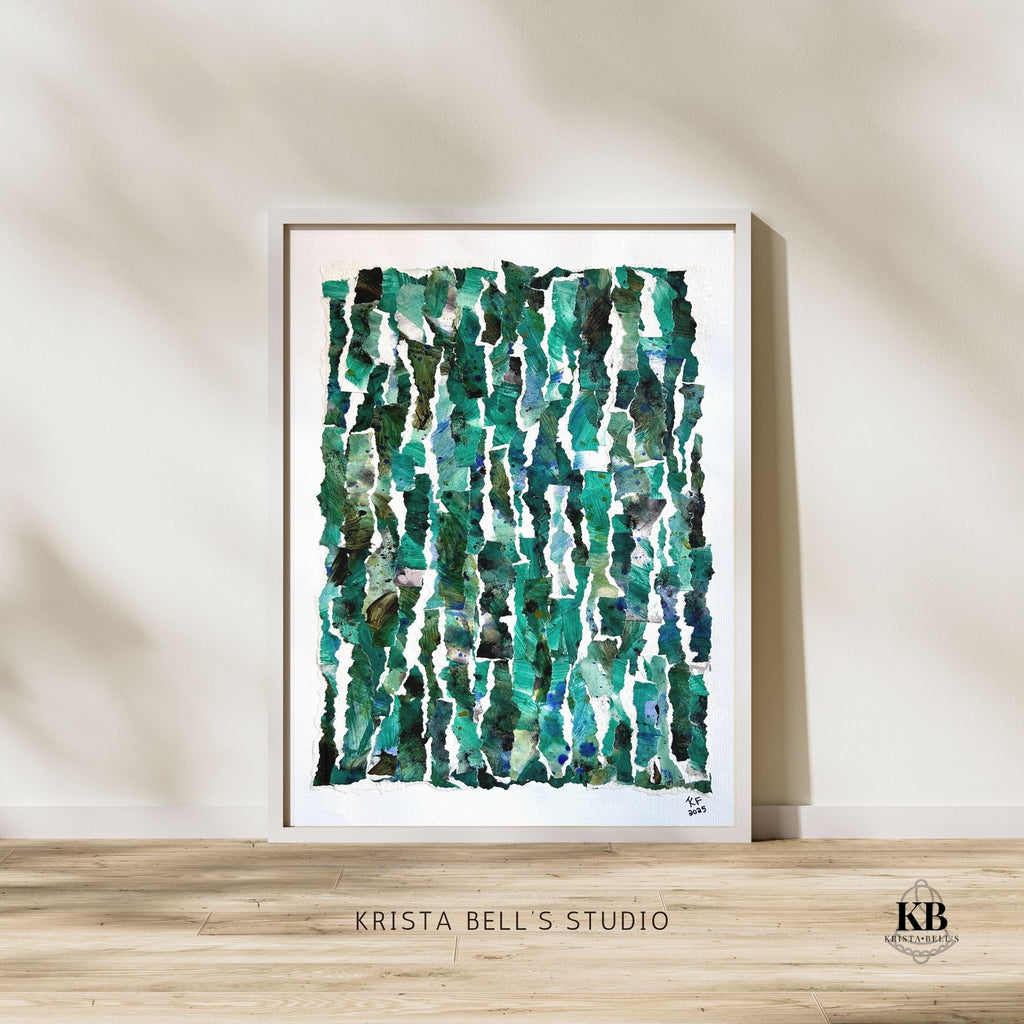 Framed abstract art print with green and blue patterns on a beige wall, representing the growth you have as person after a period of rest.