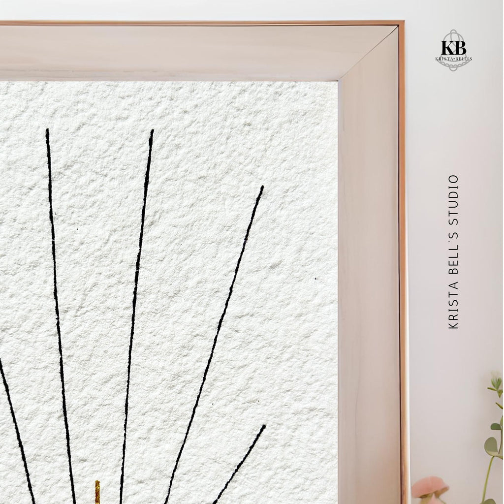 Framed artwork with black abstract branches on a textured white background, featuring the artist's name 'Krista Bell S. Studio' and brand 'KB'.