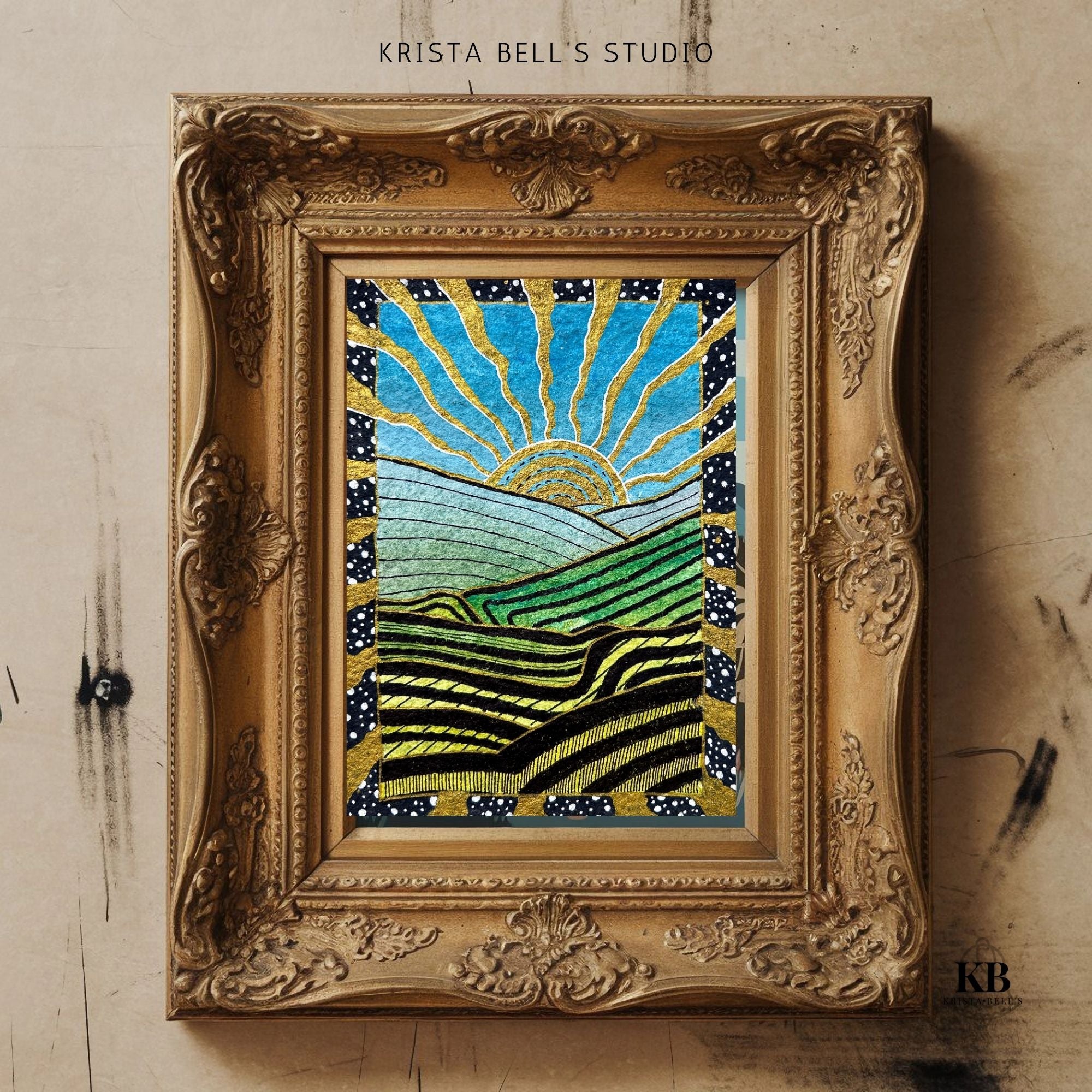 Decorative framed artwork with a sun and landscape design on a textured wall.