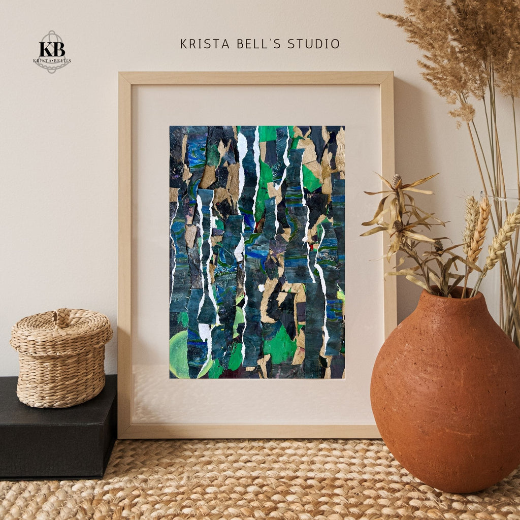 Framed abstract art piece on a wall with decorative elements like a woven basket and vase. Representing growth and stability forged in tough times.
