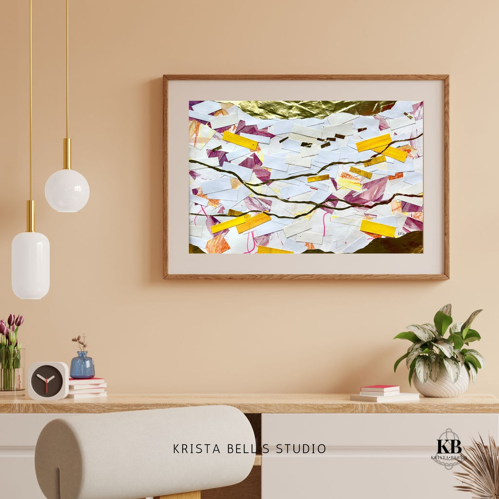 Framed abstract artwork on a wall with decorative elements below.  A calm abstract collage with meandering golden lines. Listen to the gentle guiding of the Lord. His calling is the gold line running through our lives.