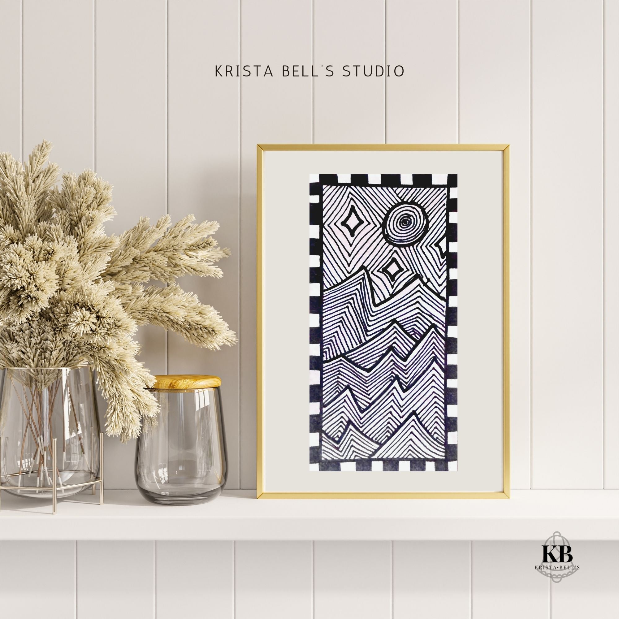 Framed black and white geometric art print on a light wooden wall with decorative jars. black and white modern abstract line art patterned of jagged mountains in the moon light and stars.
