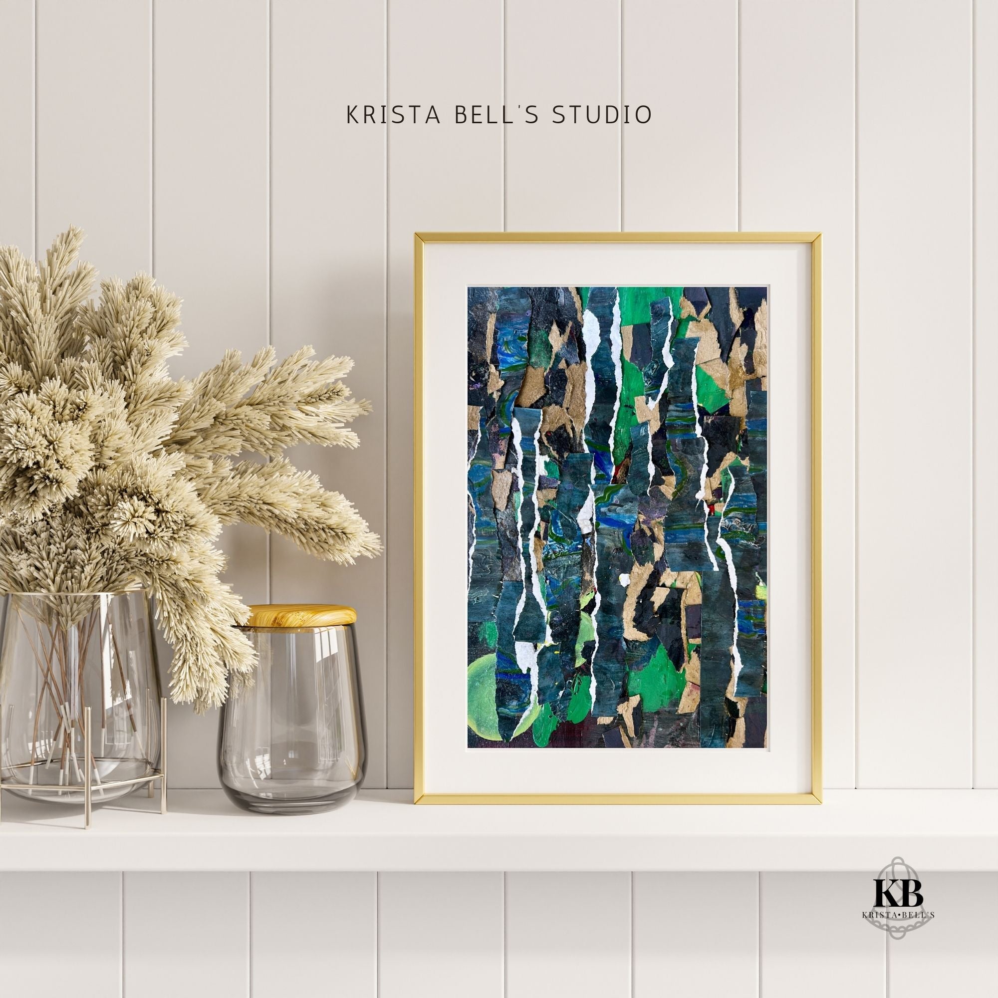 Framed abstract art piece on a wall with dried plants and jars below, featuring 'Krista Bell's Studio' branding. Representing growth and stability forged in tough times.