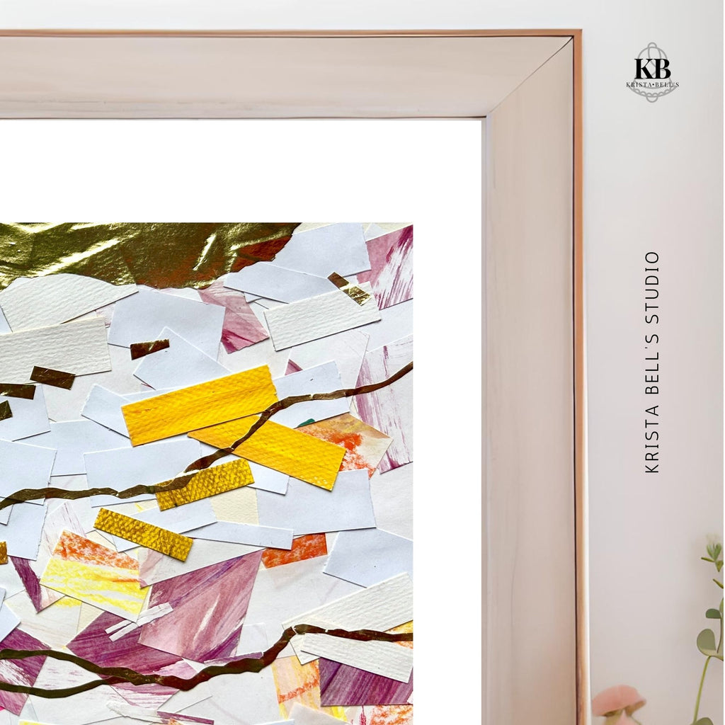 Framed artwork with colorful abstract design and 'KB' logo on a white wall.  A calm abstract collage with meandering golden lines. Listen to the gentle guiding of the Lord. His calling is the gold line running through our lives.