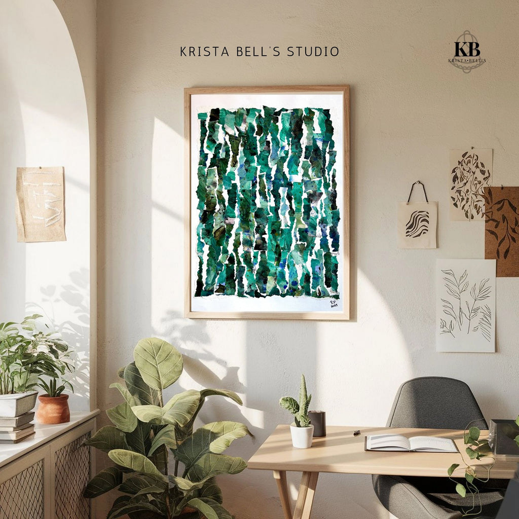 Modern interior with a framed abstract artwork, plants, and a desk, representing the growth you have as person after a period of rest.
