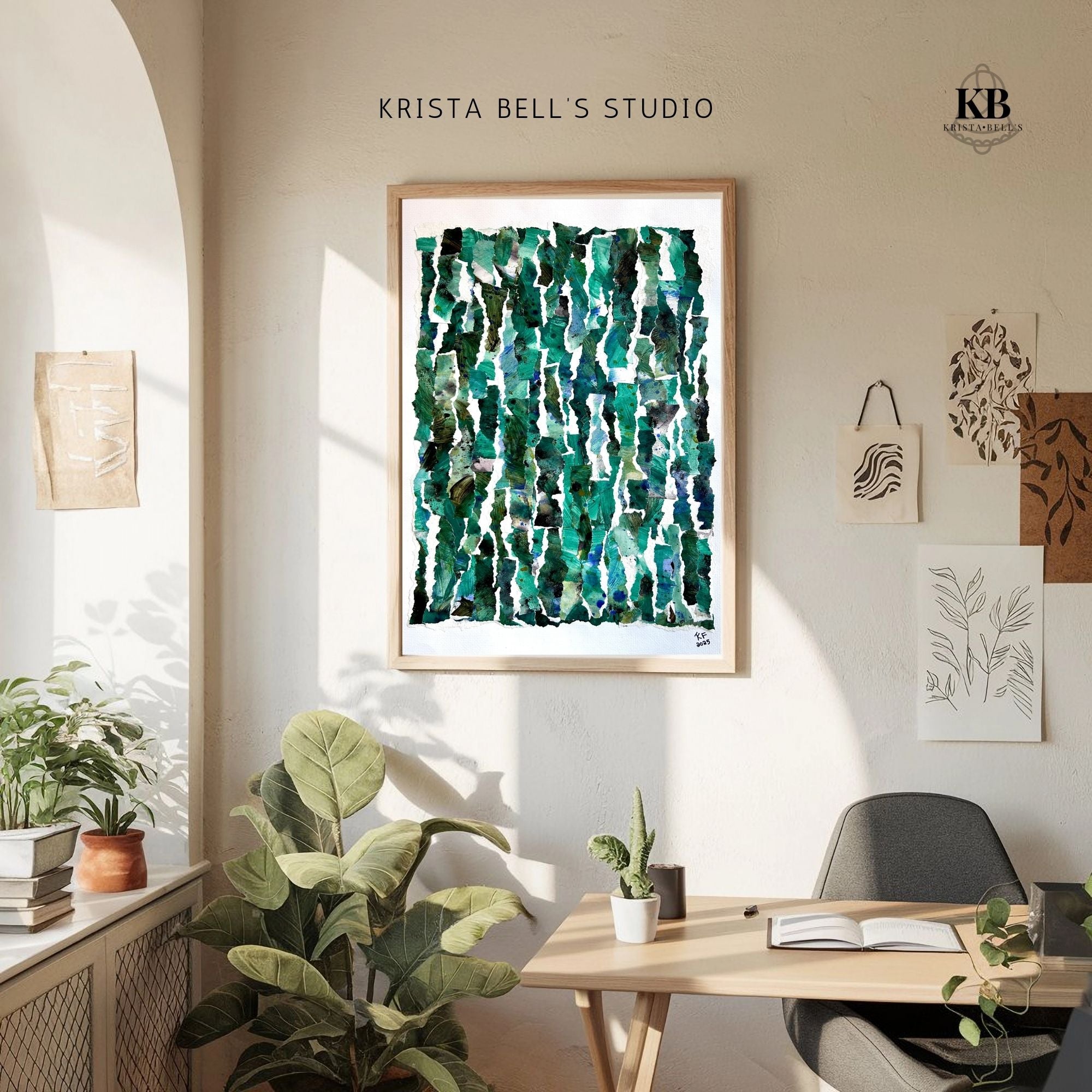 Modern interior with a framed abstract artwork, plants, and a desk, representing the growth you have as person after a period of rest.