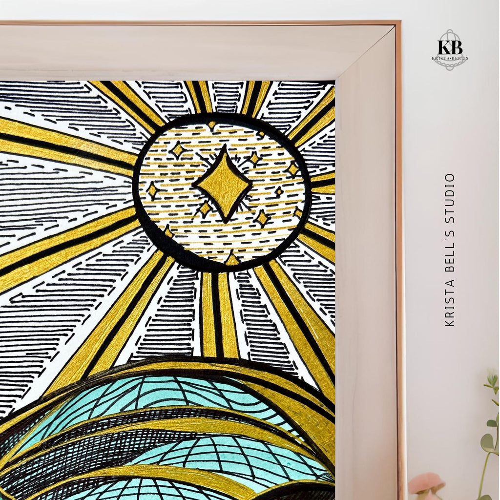 Decorative wall art with geometric design featuring yellow, black, and teal colors, framed by Krista Bell Studio.