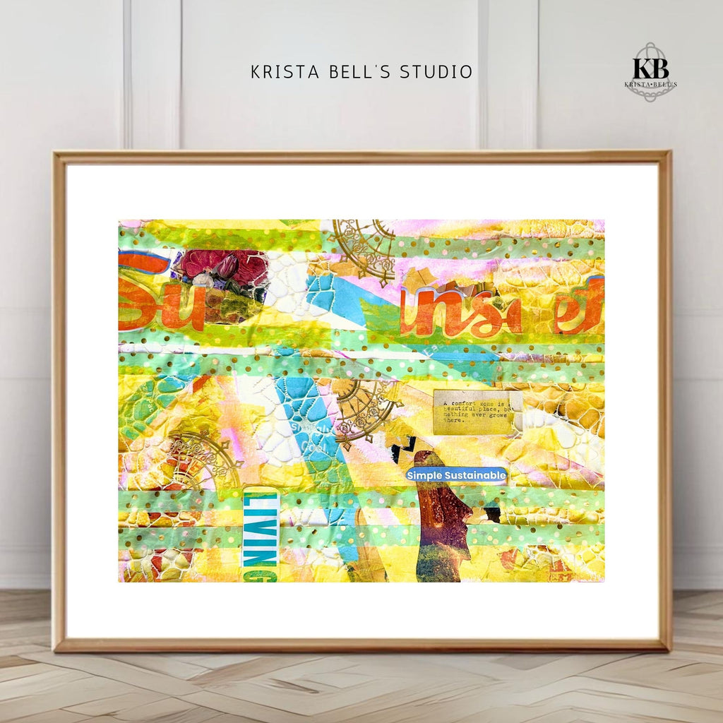 Colorful abstract art print in a wooden frame on a white wall with 'Krista Bell's Studio' branding. A yellow and teal mixed media collage reflecting on the joy found in life when you thoughts, actions, and emotions align with your values. 
