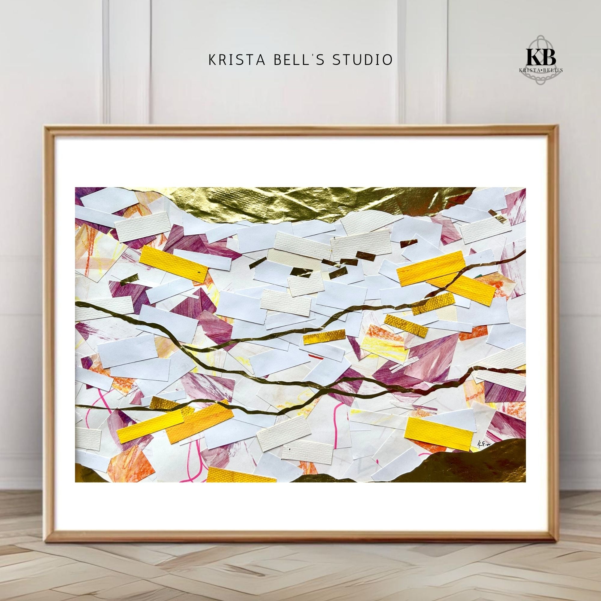 Framed abstract artwork with colorful geometric shapes on a white wall. Listen to the gentle guiding of the Lord. His calling is the gold line running through our lives.