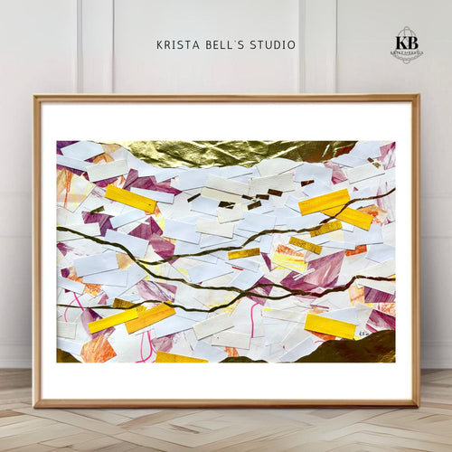 Framed abstract artwork with colorful geometric shapes on a white wall. Listen to the gentle guiding of the Lord. His calling is the gold line running through our lives.