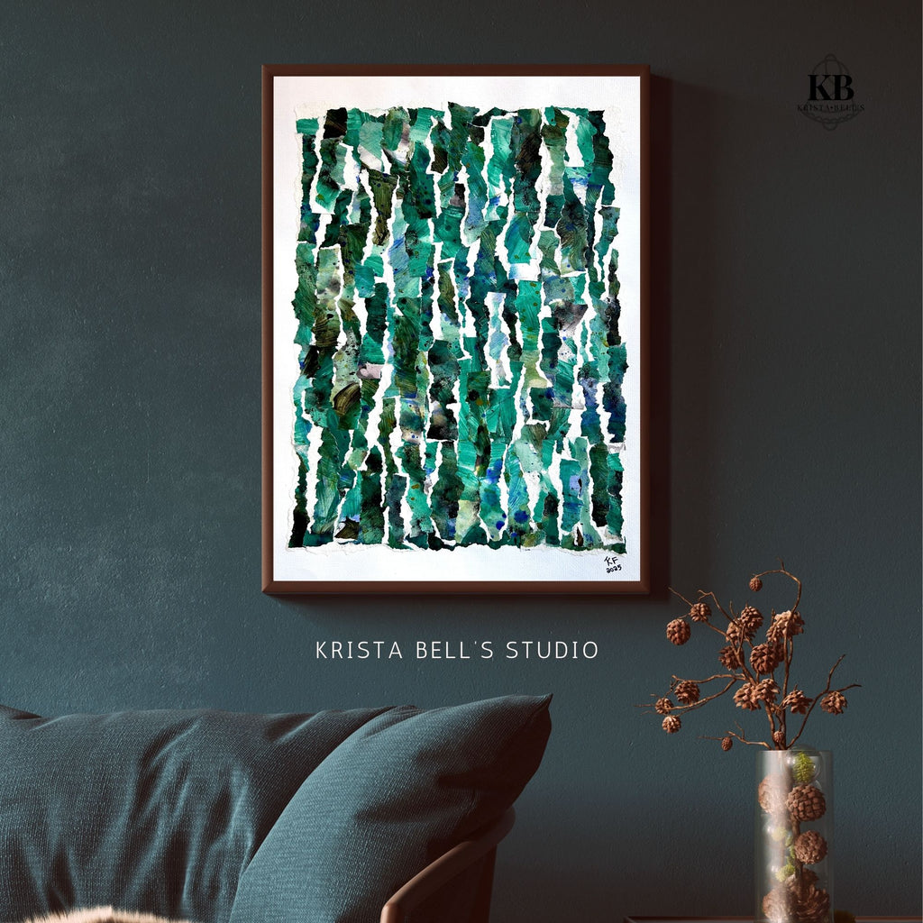 Framed abstract art piece in a living room setting with 'Krista Bell's Studio' branding, representing the growth you have as person after a period of rest.