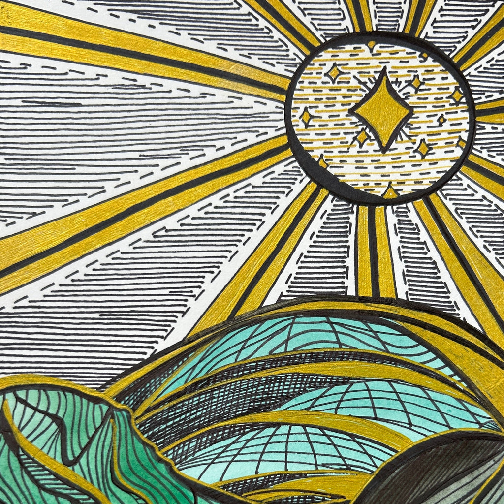 Artistic depiction of mountains and a sun with geometric patterns