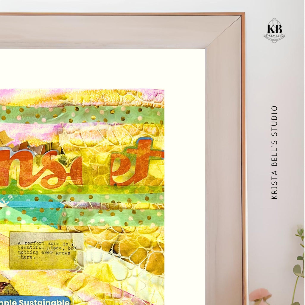 Framed artwork with colorful text and patterns, featuring the brand 'KB'. A yellow and teal mixed media collage reflecting on the joy found in life when you thoughts, actions, and emotions align with your values. 