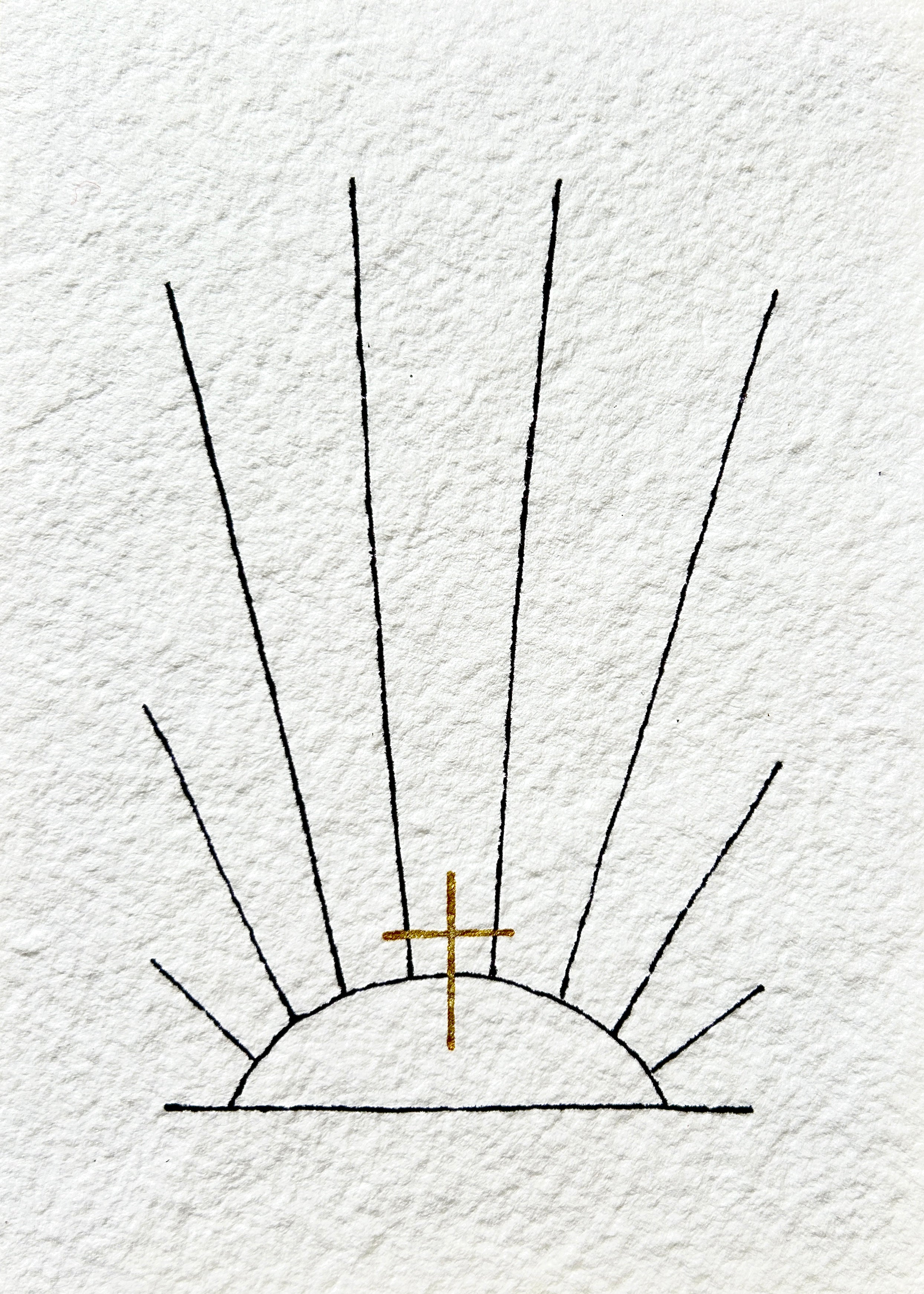 Simplified drawing of a sun with rays and a cross on a textured white background