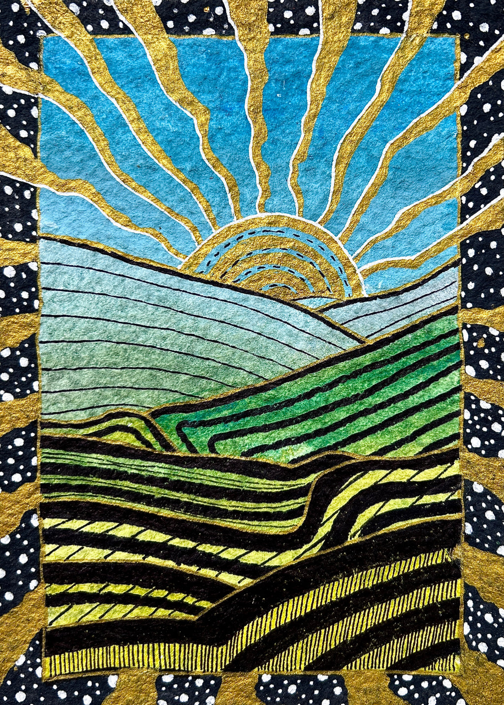 Artistic depiction of a landscape with a sun rising over rolling hills, framed by gold and black patterns.