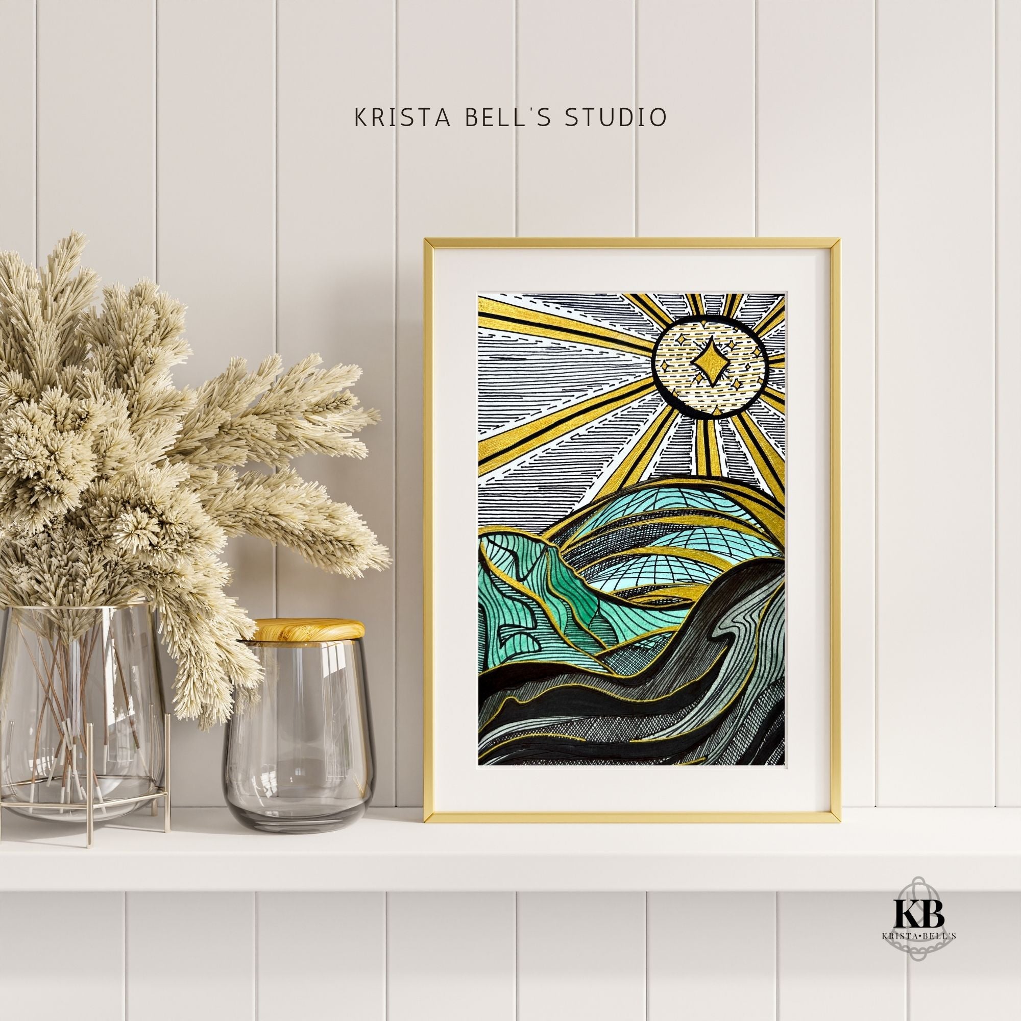 Framed abstract landscape art piece with golden accents on a wall with decorative vases below.