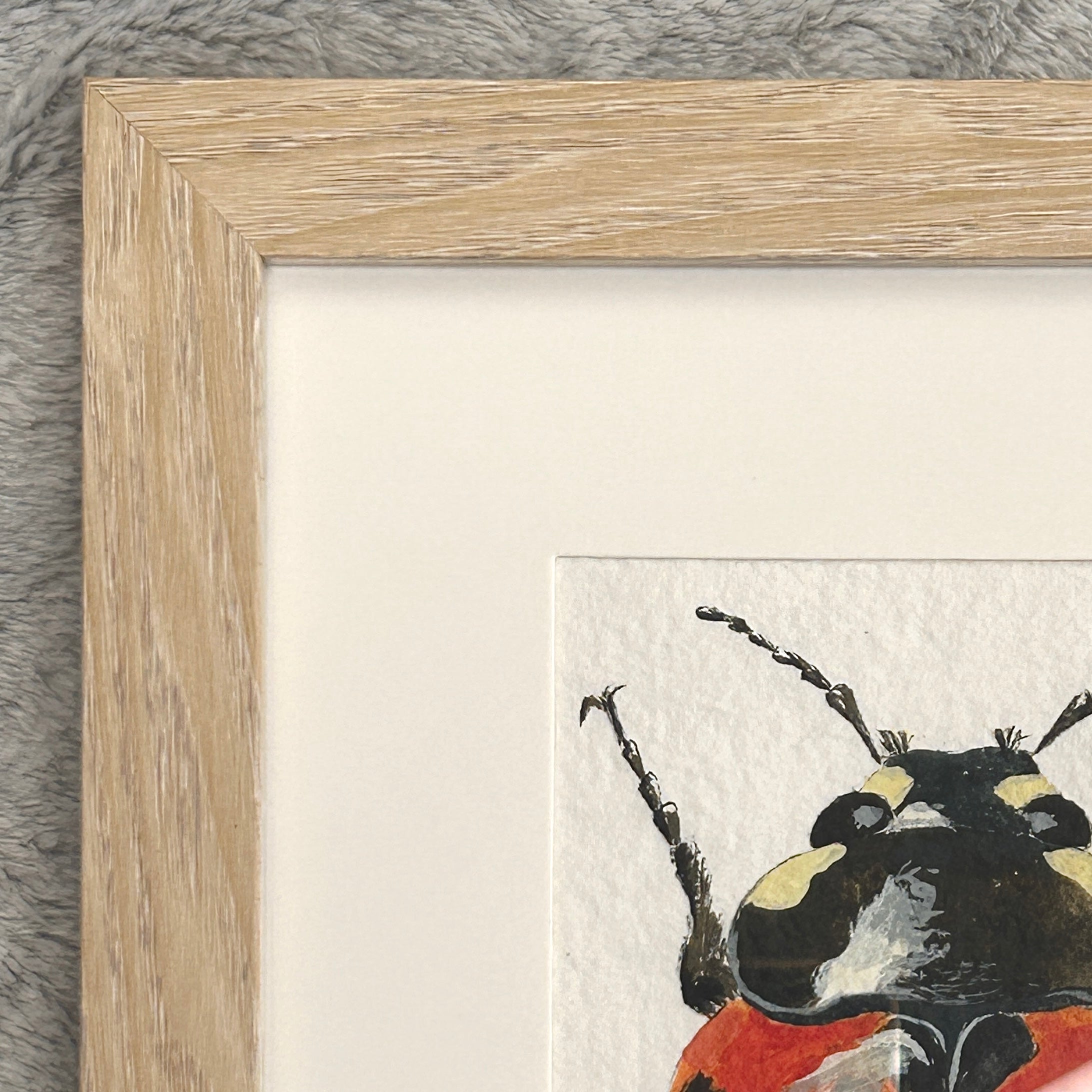 Framed artwork of a beetle, close up showing the corner of the artwork and the corner of the frame.