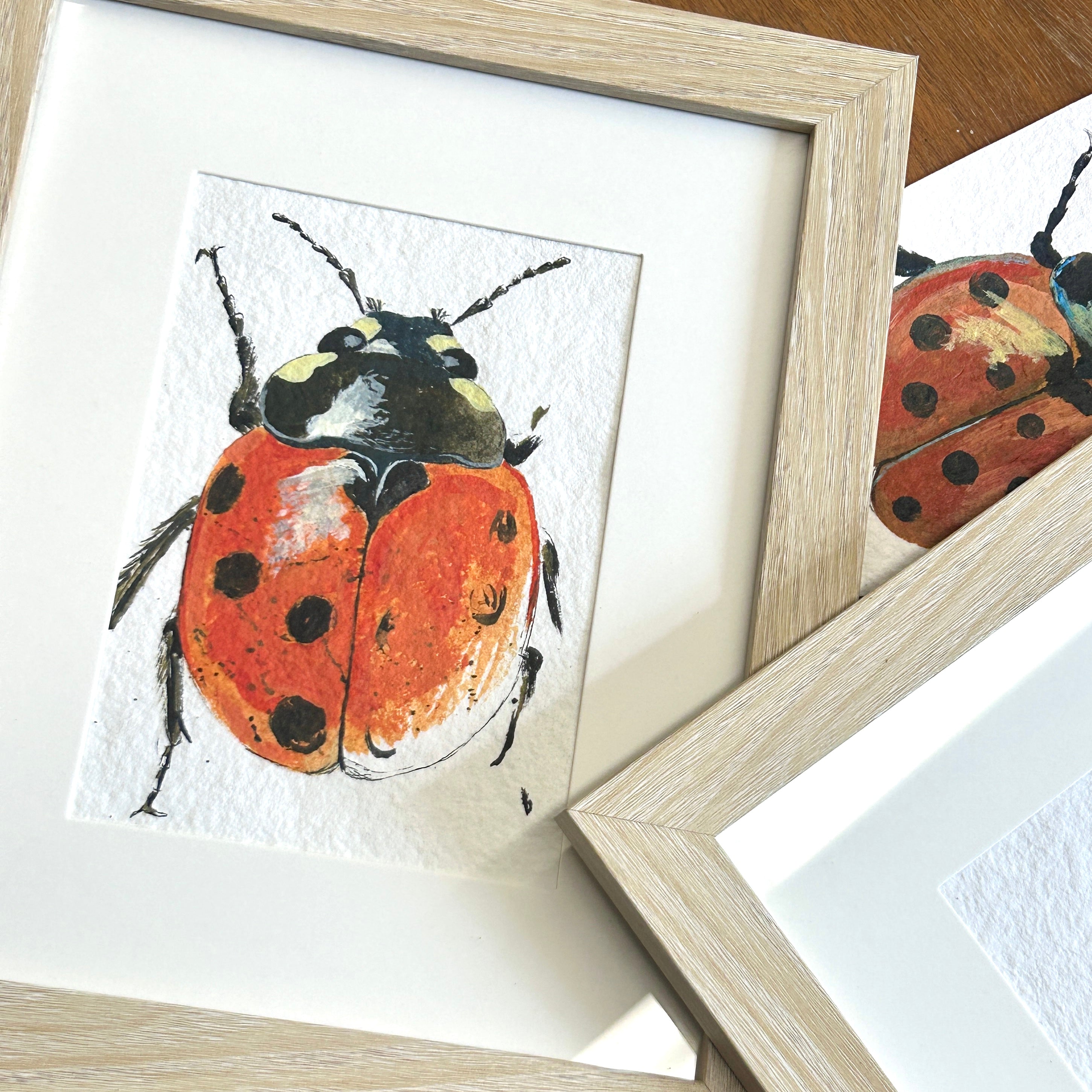 Framed artwork of a ladybug on a textured surface