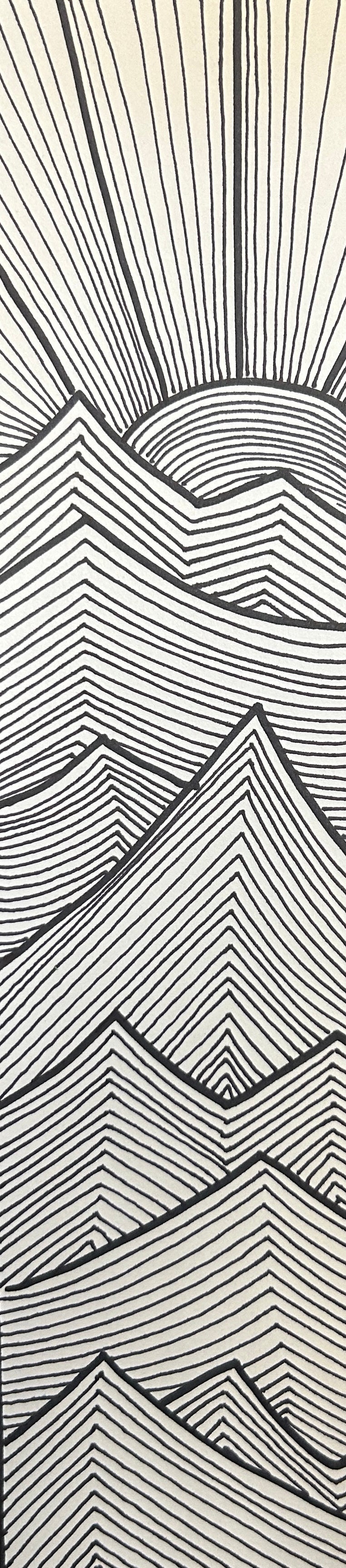 Black and white line art of mountains and a sun