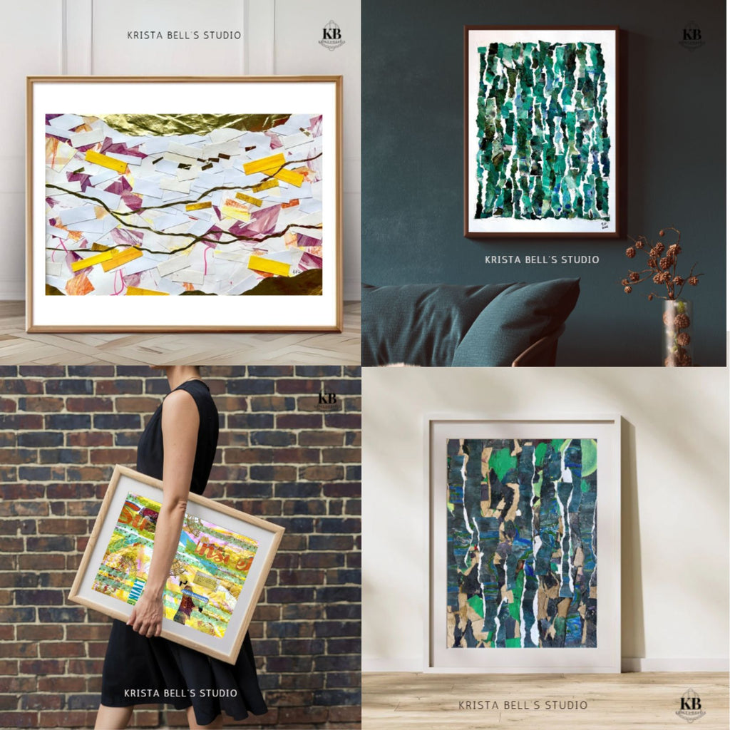 Collage of framed abstract art pieces by Krista Bell's Studio.