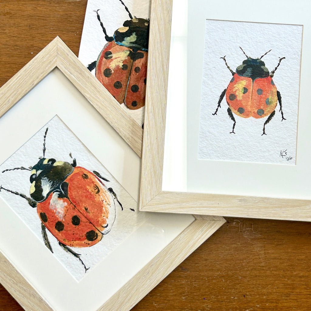 Framed illustrations of ladybugs on a wooden surface.