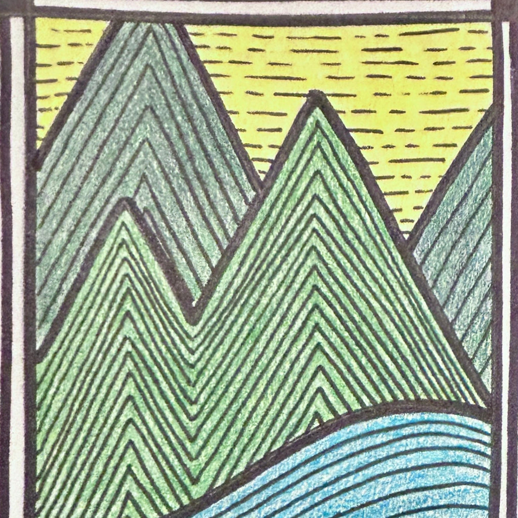 Artistic depiction of mountains and water with a striped border