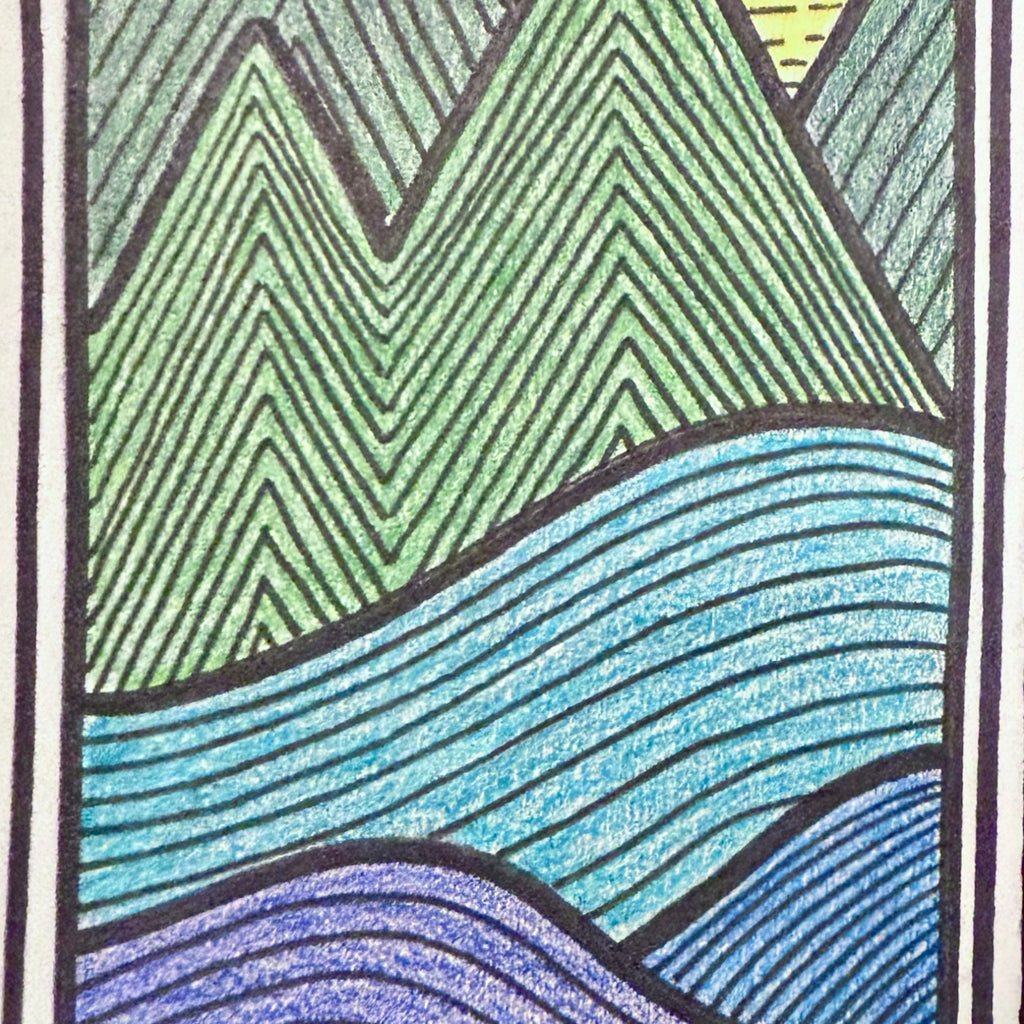 Artistic depiction of mountains and water with a striped border