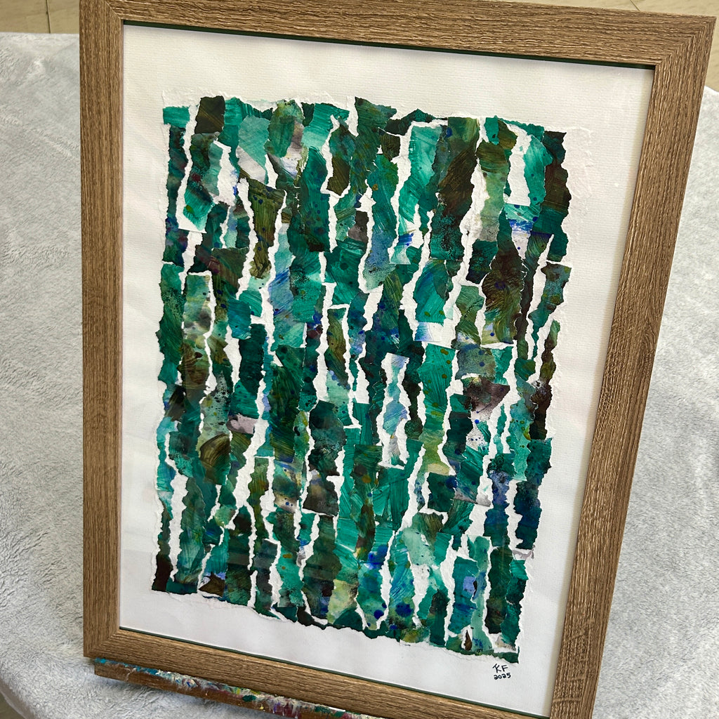 Framed abstract artwork with green and blue patterns on a textured surface, representing the growth you have as person after a period of rest.