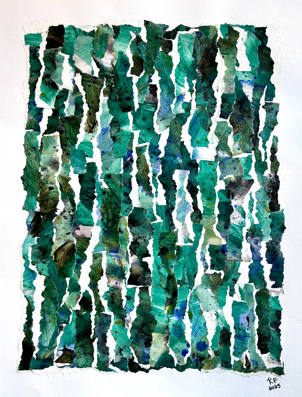 Abstract art piece with green and blue patterns collaged on a white background., resembling growth upward to the skies.