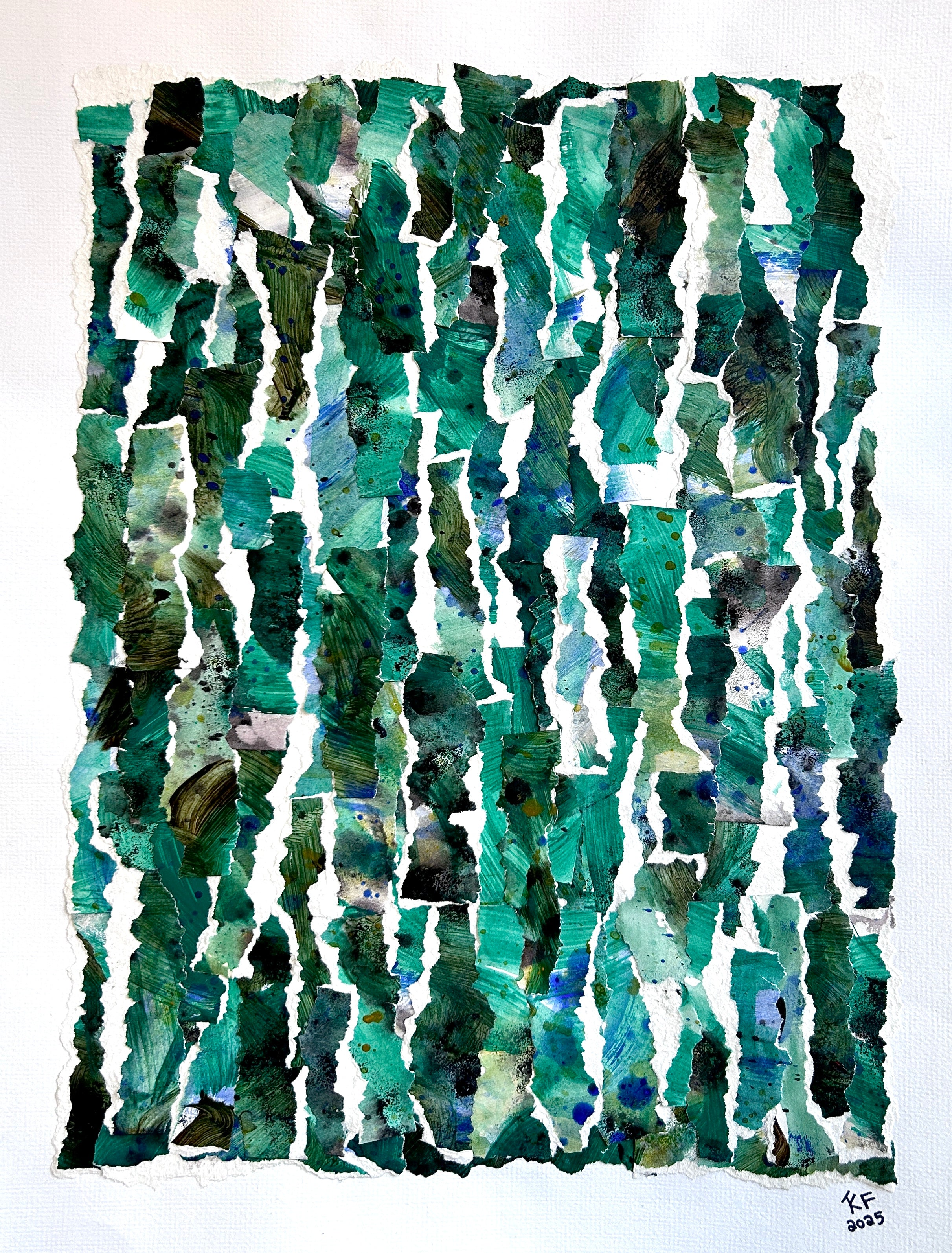 Abstract art piece with green and blue patterns collaged on a white background., resembling growth upward to the skies.