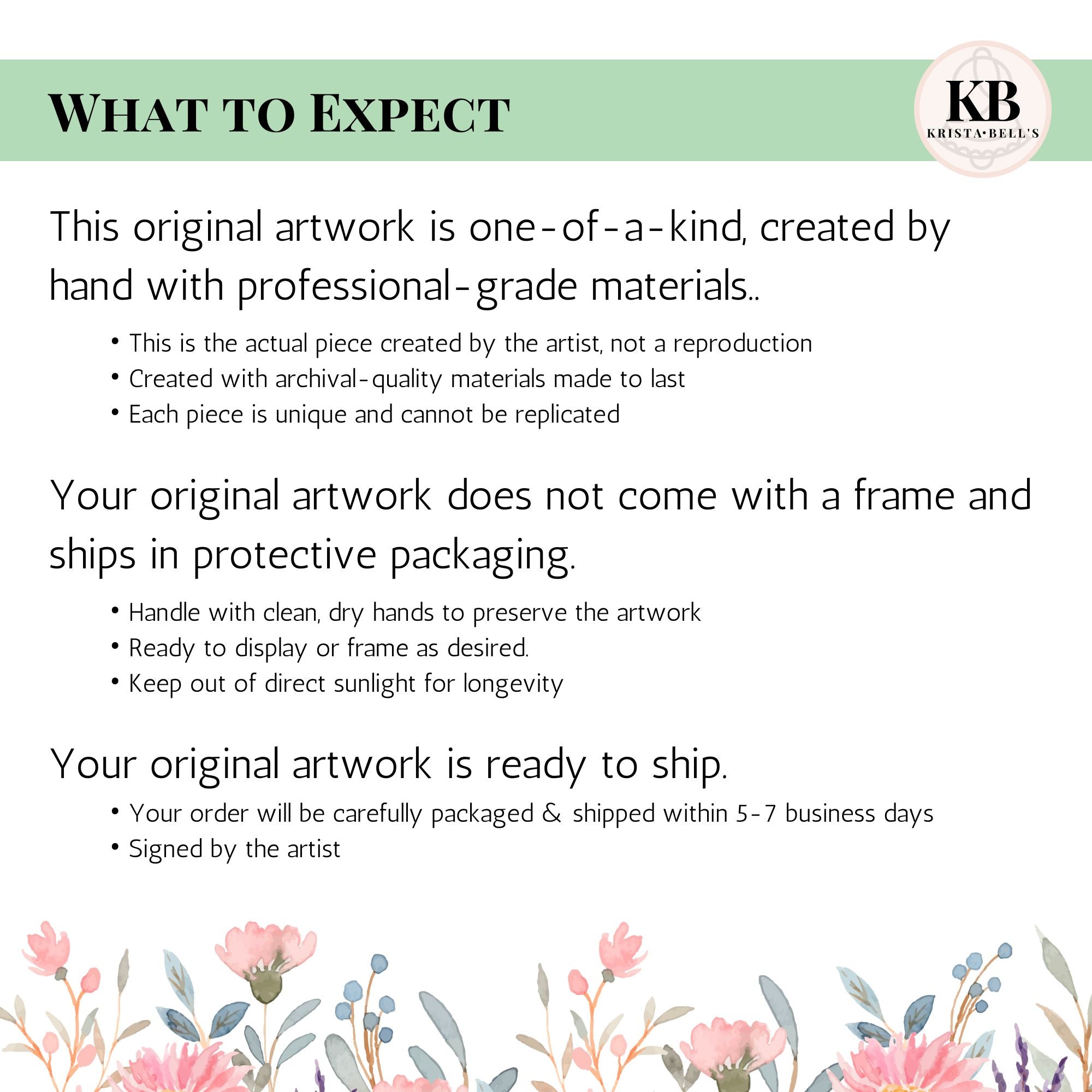 Getting an unframed original artwork from Kristy Flanigan.
* When purchased you will receive an actual piece created by the artist, not a reproduction.
* Created with archival-quality materials, made to last.
* This original artwork does not come framed-ready to display or frame as you desire
* Handle with clean, dry hands to preserve the artwork
* Keep out of direct sunlight for longevity.
* Signed by artist.
* Your order will be carefully packaged & shipped within 5-7 business days from purchase.