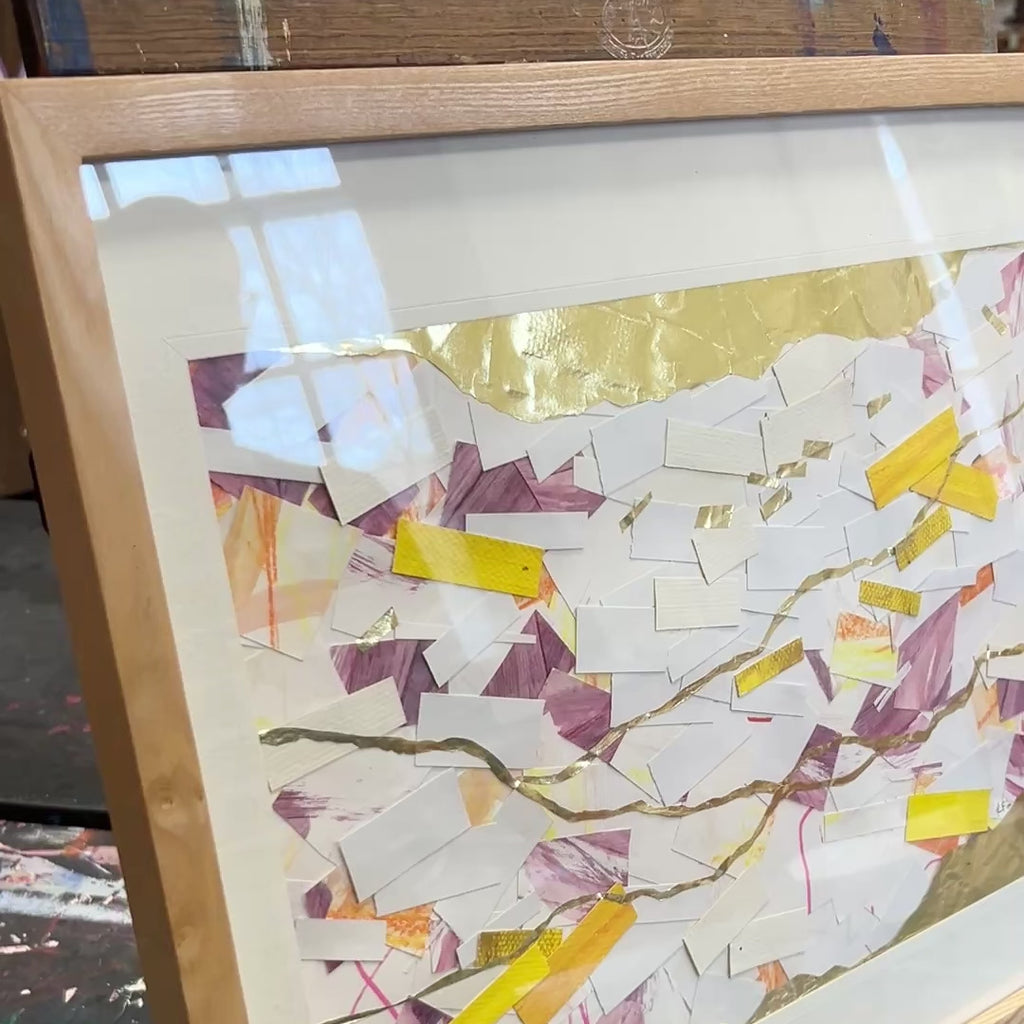 A video panning over a calm abstract collage with meandering golden lines. Listen to the gentle guiding of the Lord. His calling is the gold line running through our lives.