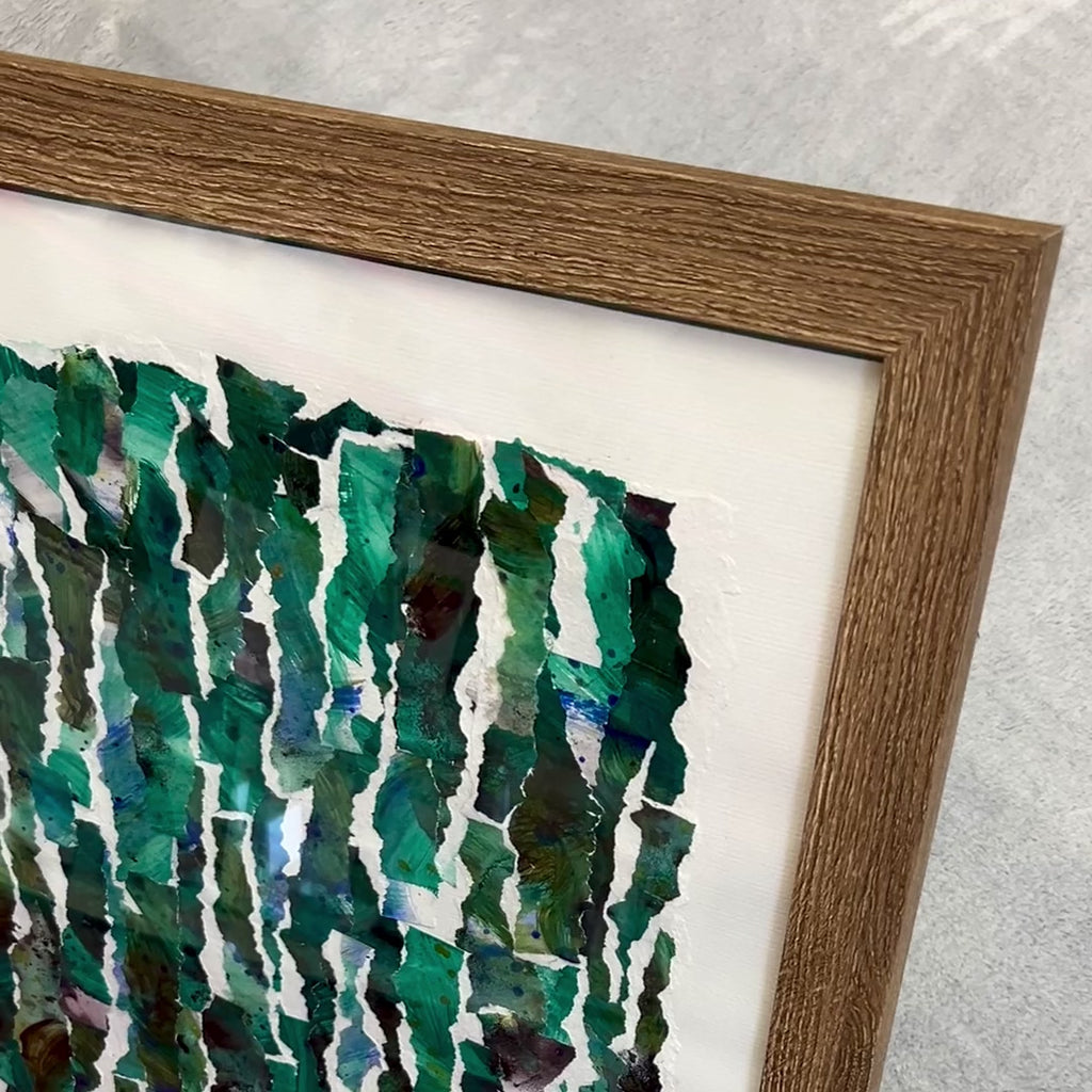 Short video of the artist showing the blue and green abstract collage.