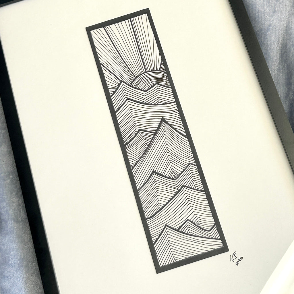 Video panning across the framed black and white line landscape.