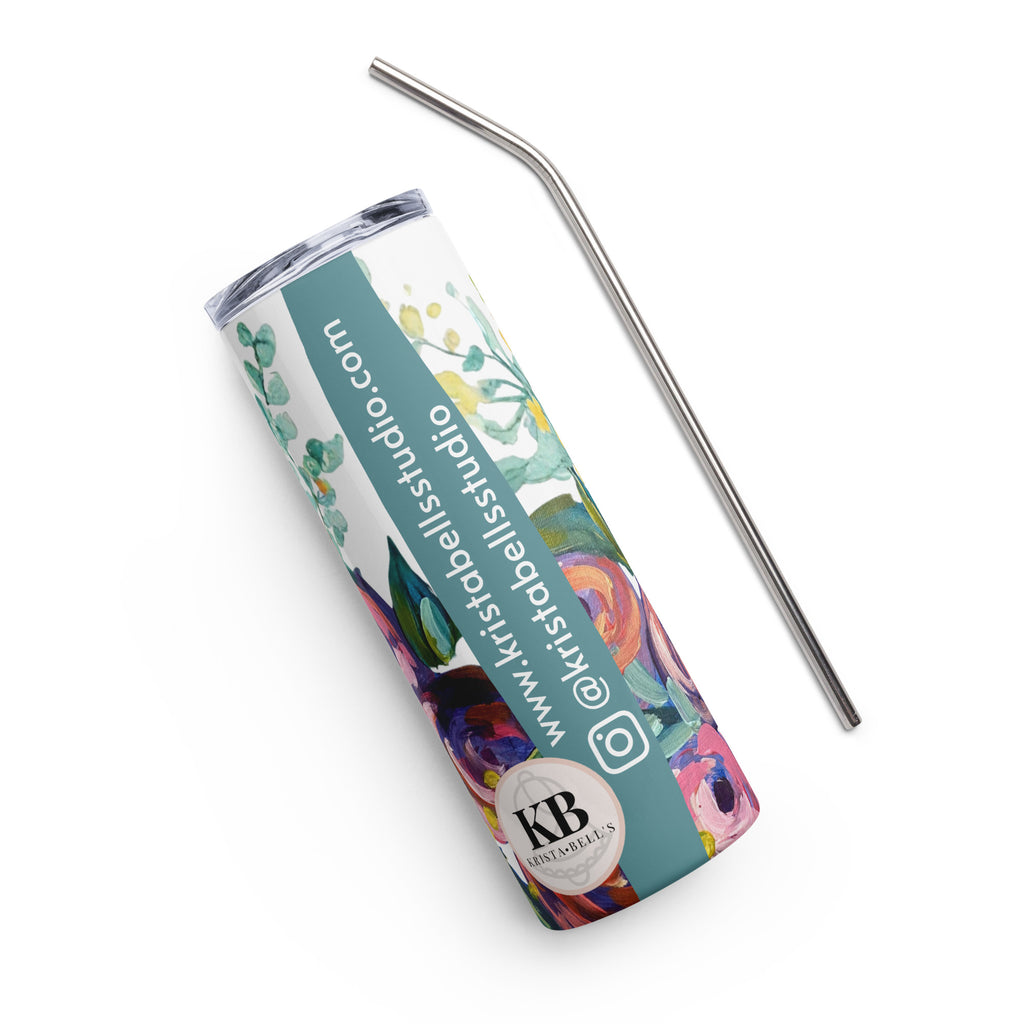 Product mockup of a 20oz stainless steel water tall tumbler, with painted flowers on it.
