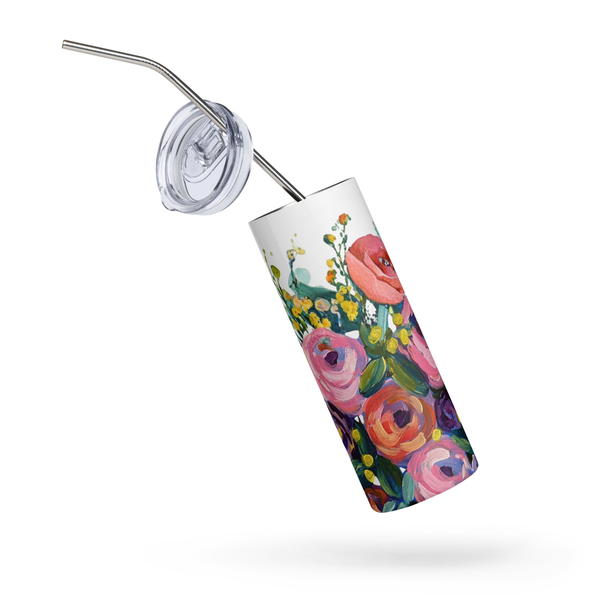 Product mockup of a 20oz stainless steel water tall tumbler, with painted flowers on it.
